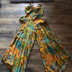 Vibrant Leaf Print Jumpsuit in Orange and Green